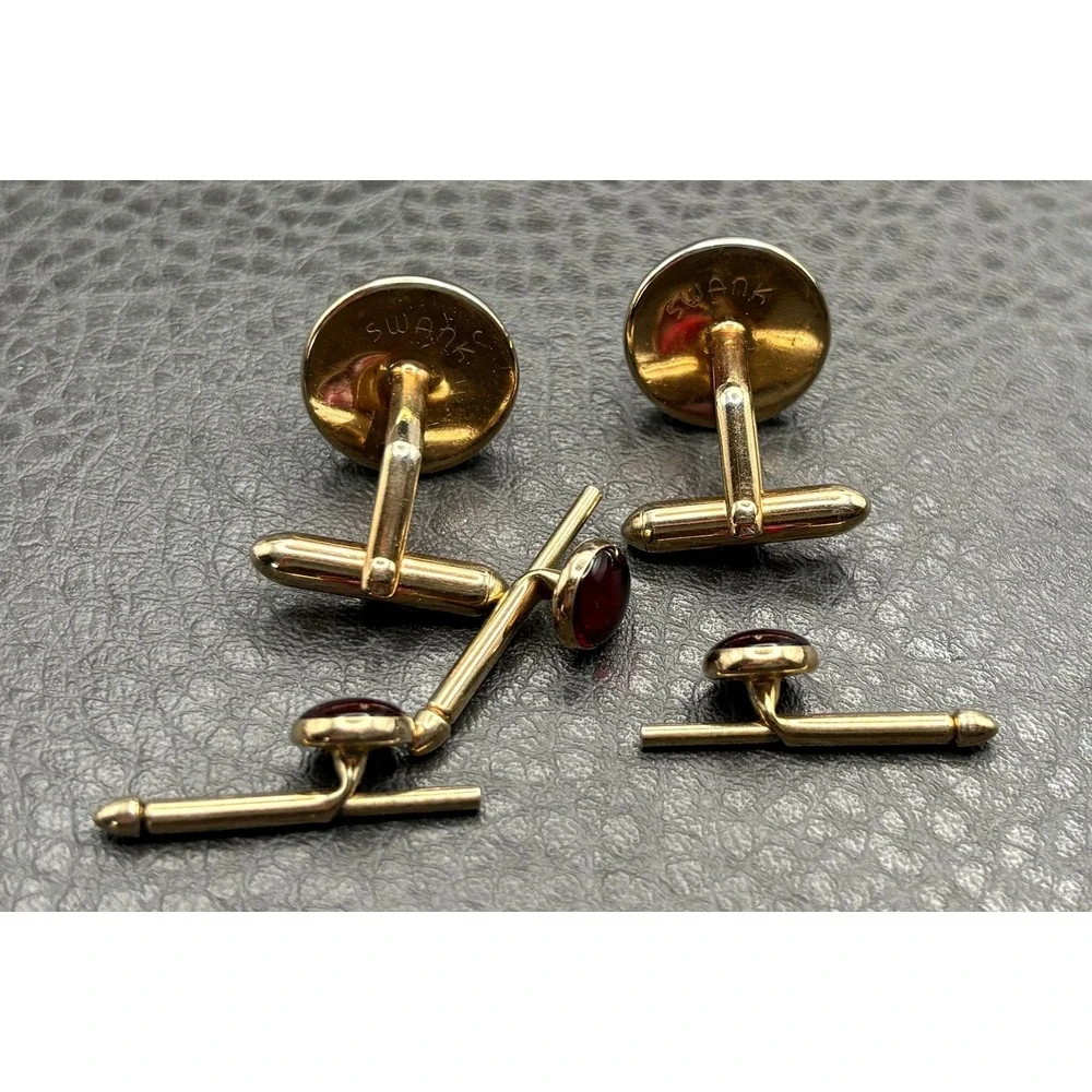 Vintage Swank Deep Red Cabochon Cufflinks Shirt Studs Cuff Buttons Gold Tone Set
